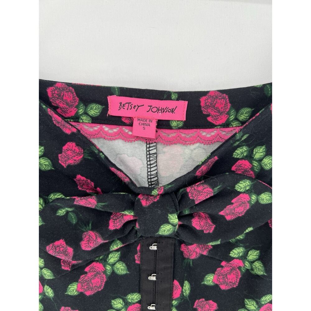 Betsy Johnson Rose Print Bodycon Dress Small Black Pink Floral Puff Sleeve Midi - Picture 3 of 13